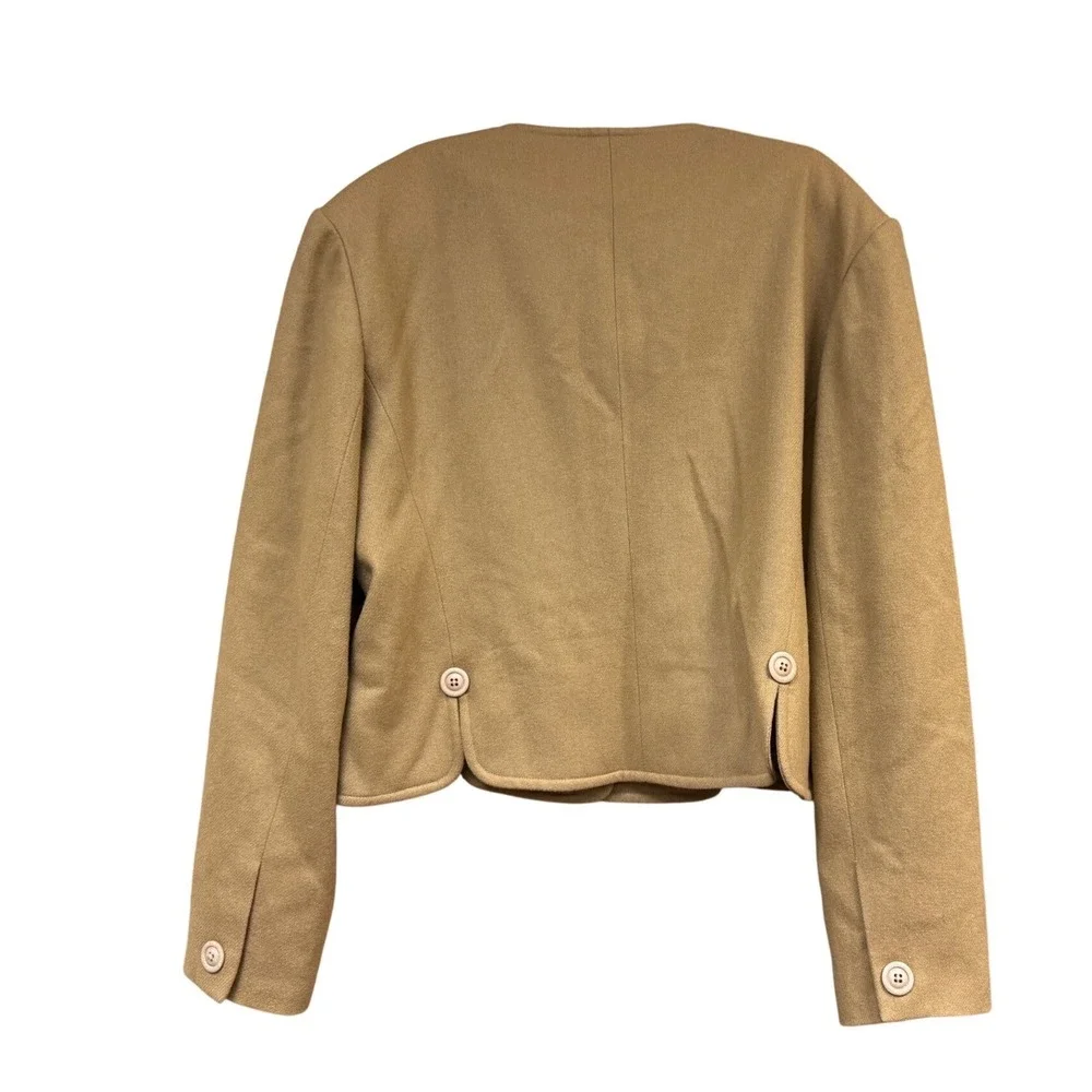 Orvis Women100% Wool Camel Tan Collarless Cropped Blazer Jacket Size 14 USA Made